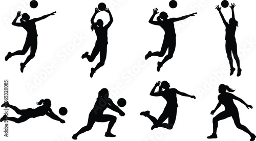 Women Volleyball Player Action Silhouette Set with Serving Spiking and Defense