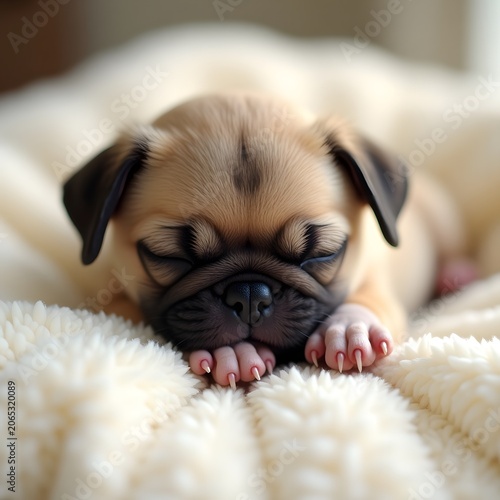 A small adorable pug puppy sleeping peacefully on a soft blanket