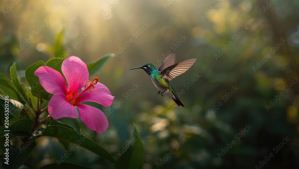 Fototapeta premium Hummingbird captured in motion by a bright pink flower in rainforest scene