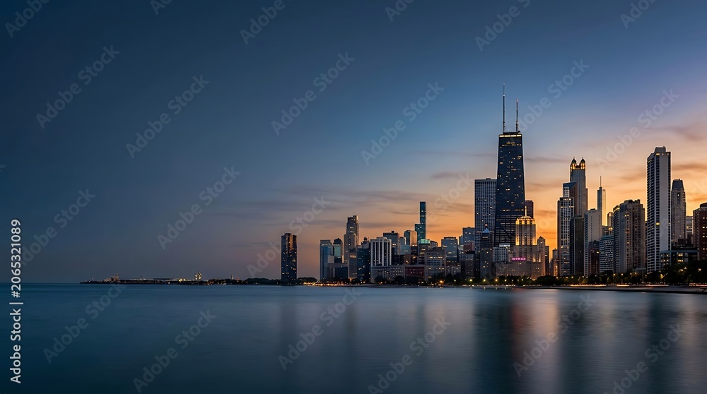 Fototapeta premium City skyline at dusk with sunset glow over the water