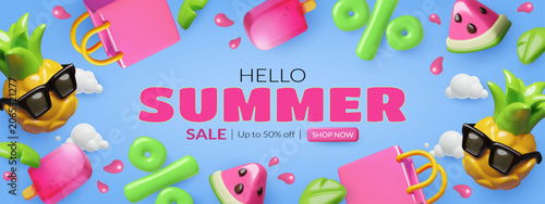 Summer sale banner with 3d fruits, sunglasses, ice cream, shopping bags on blue background. Vector illustration.
