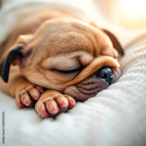 A cute puppy sleeping peacefully on a soft blanket indoors