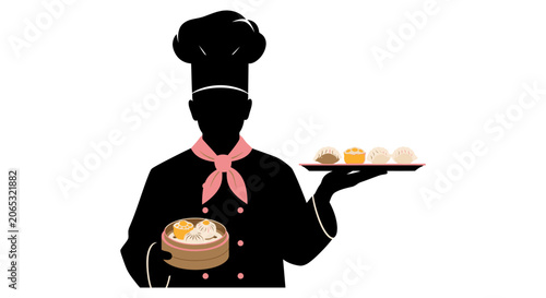 Fotografie Chef holding dim sum and steamer black silhouette against white background