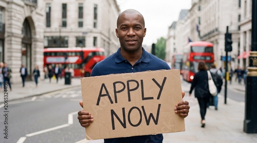 Confident middle-aged African man holding apply now cardboard sign on busy London city street