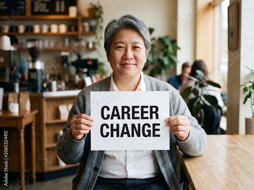 Middle-aged East Asian person smiling and holding a career change sign in a cozy cafe