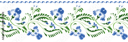 Vector floral border seamless pattern from violet flowers on a white background