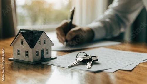 A person signing a document next to a small house model and a set of keys on a wooden table, symbolizing real estate or home ownership agreements.
