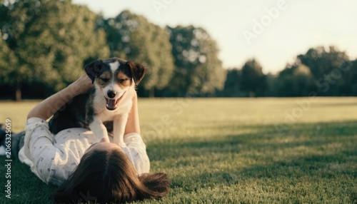 A person lying on grass outdoors holding a happy dog above them, with trees and a clear sky in the background.