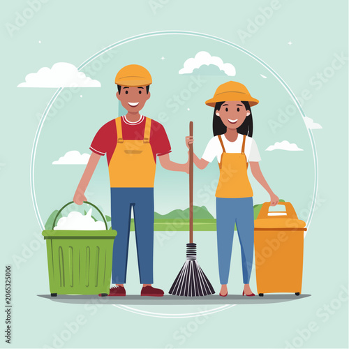 Cleaners with Broom and Trash Can