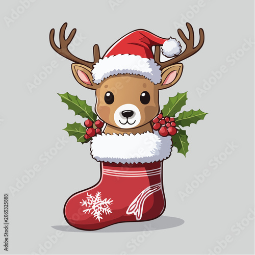 Cute Cartoon Reindeer in Christmas Stocking