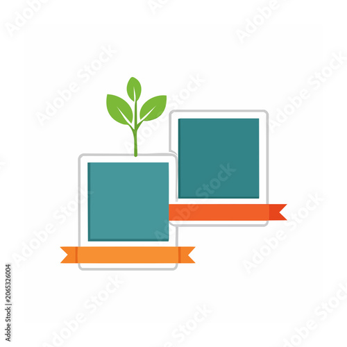 Flat design computer monitor with plant and arrow