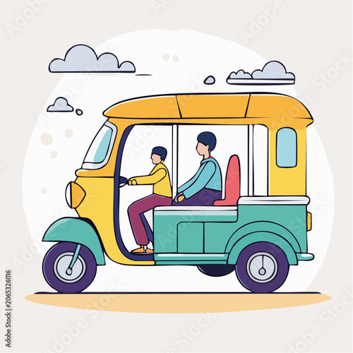 Illustration of a colorful auto-rickshaw with two passengers