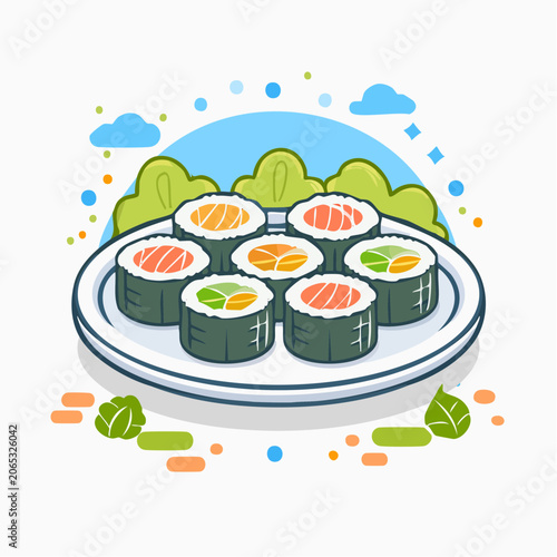 Illustration of Sushi Rolls on a Plate