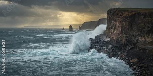 turbulent wave impact on a craggy cliff shore