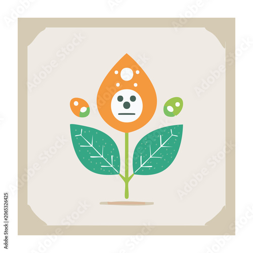 Flat design sun with happy face and leaves