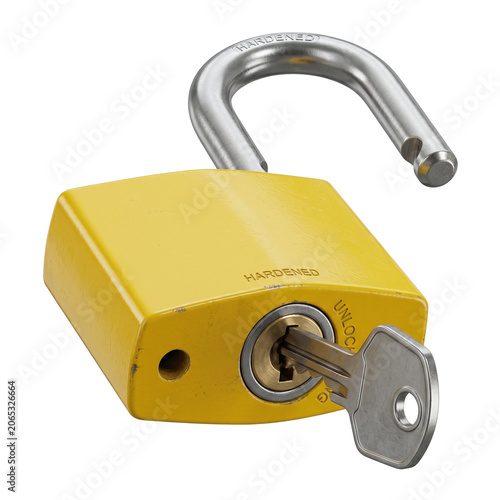 Konstfotografi Open yellow padlock with inserted key showing unlocked security