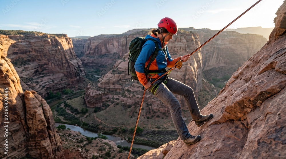 Obraz premium Woman rappelling down a steep canyon wall with a river below at sunset