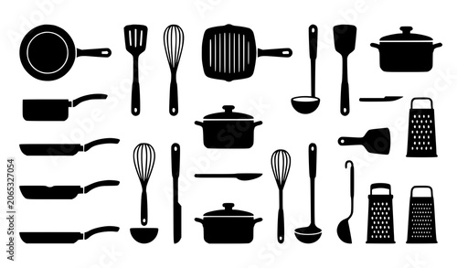 Foto Black Silhouette Kitchen Utensils and Cookware Icon Set with Pan, Pot, Whisk, Sp