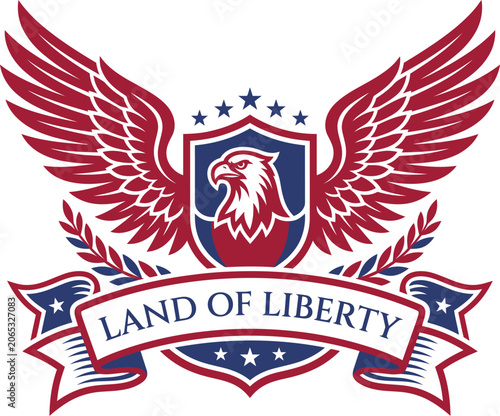 Patriotic eagle shield with land of liberty banner, red white blue wings stars