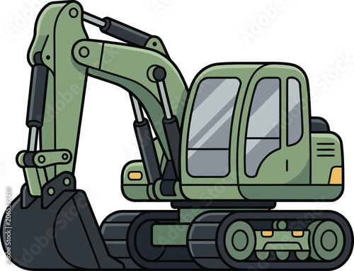 Cute Green Excavator Construction Vehicle Cartoon Character Vector Illustration.