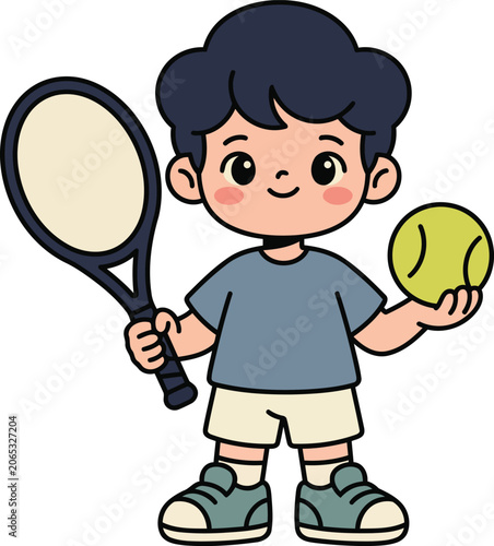 Cute boy tennis player cartoon vector illustration holding a racket and tennis ball. Friendly child character perfect for sports, recreation and outdoor activity themes.