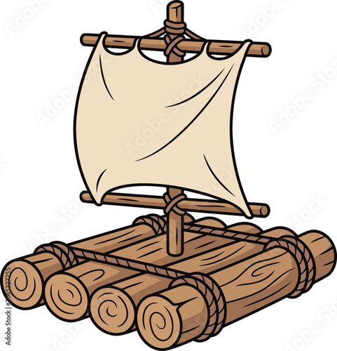 Wooden raft cartoon vector illustration with a fabric sail. Simple watercraft design perfect for adventure, exploration and travel themes..