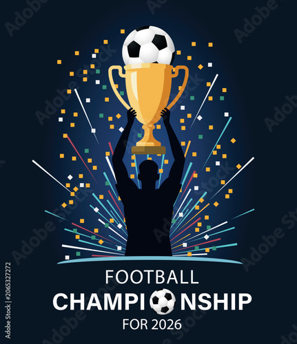 Football championship 2026 winner with ball and trophy vector illustration