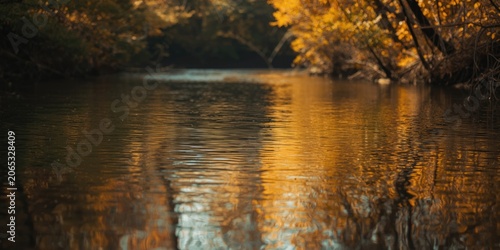 Relaxing woodland river showing clear fall leaf reflections
