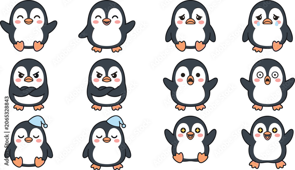 Obraz premium Cute penguin emotion collection featuring happy sad angry surprised sleepy and excited cartoon character expressions