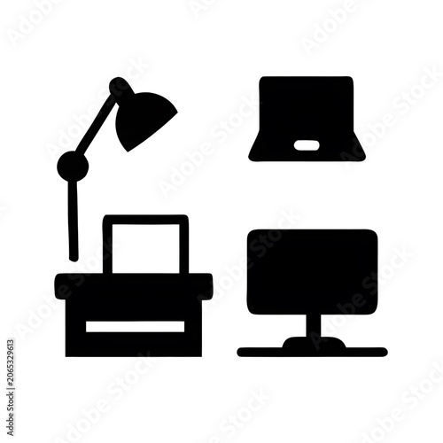 Modern Workspace Office Furniture Black Glyph Vector Icon Collection