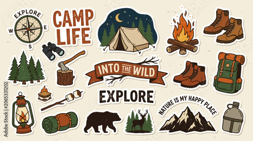 Camping Outdoor Adventure Sticker Element Set Flat Illustration Vector Hand Drawn Forest Nature Hike Doodle Clipart EPS 