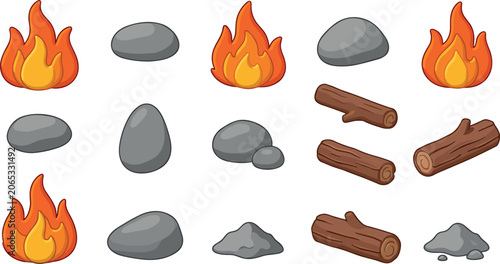 Bild auf Leinwand Campfire Construction Element Vector Set with Flame Icons Grey Stones Wooden Log