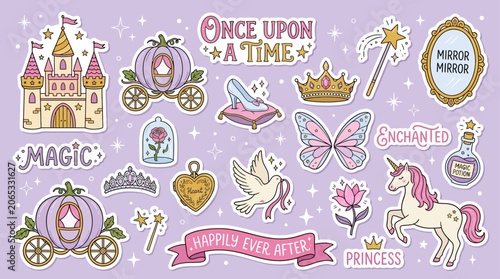 Fairytale Princess Magic Sticker Element Set Flat Illustration Vector Hand Drawn Castle Fantasy Cute Doodle Clipart EPS 