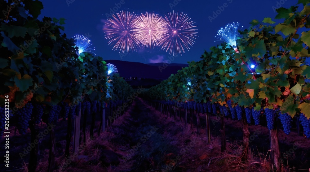 Fototapeta premium Vineyard at night with grape harvest ripe for picking. Colorful fireworks burst above rows illuminated by decorative lights. Festive celebration in rural landscape.