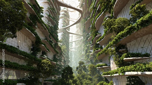 Vertical forest tower concept with lush hanging gardens and connecting bridges, sunlit organic architecture for sustainable urban living and environmental design