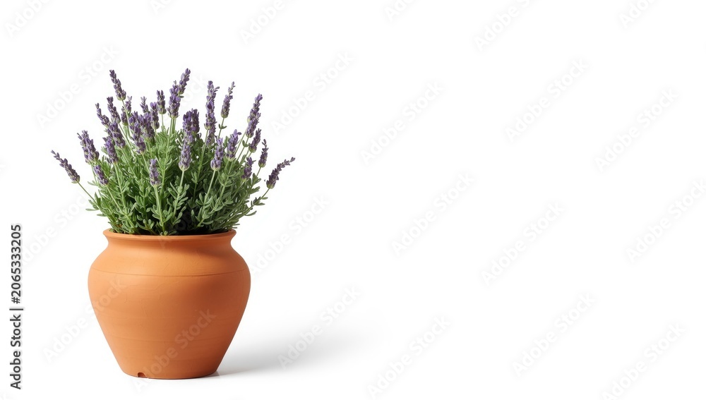 Fototapeta premium Traditional terracotta flowerpot featuring lavender plant isolated on white