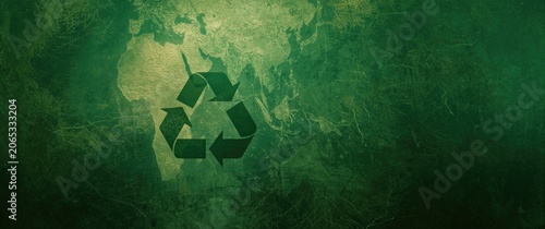 Recycling symbol over a green world map background