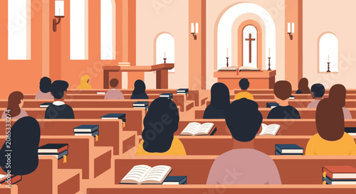 A diverse congregation attends a spiritual service in a traditional church sanctuary, filled with communal faith and reflection.