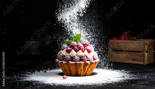 Sugar powder explosion over dessert creating dramatic motion sweet indulgent bakery food art scene