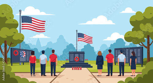 People gathered for a solemn observance at a patriotic memorial with American flags and a wreath
