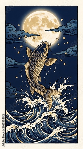 Golden Koi Fish Leaping Toward Full Moon Japanese Wave Art Night Scene