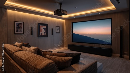 Sophisticated sitting room with state of the art video projector and cushy sofa