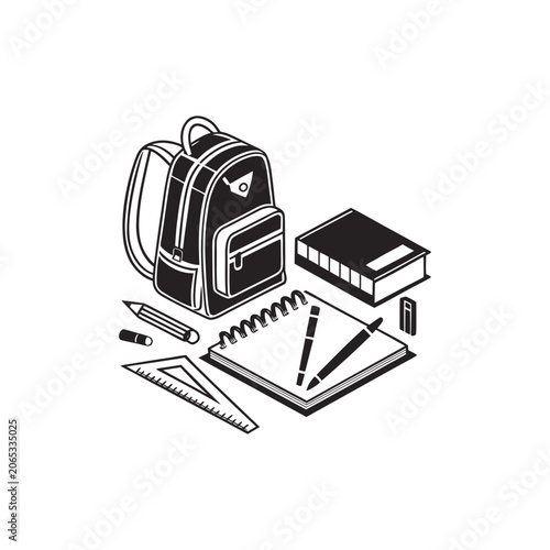 School Backpack With Books, Notebook, And Stationery Supplies