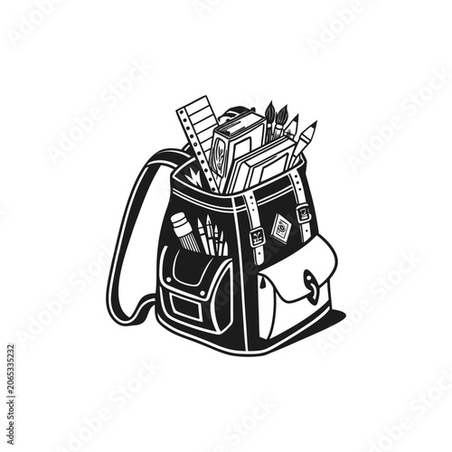 Vintage Backpack Filled with Art Supplies and School Items, Illustration