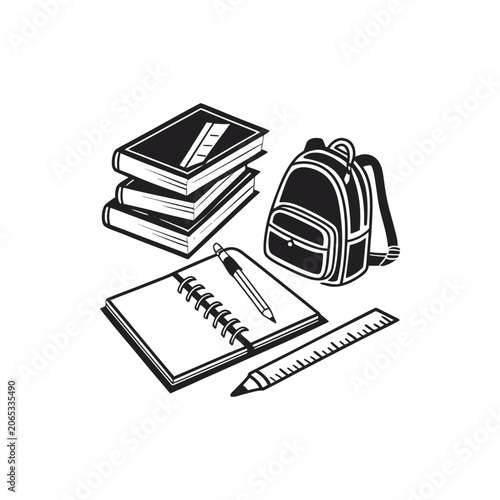 School Supplies: Stack of Books, Backpack, Notebook, Pencil, and Ruler Illustration