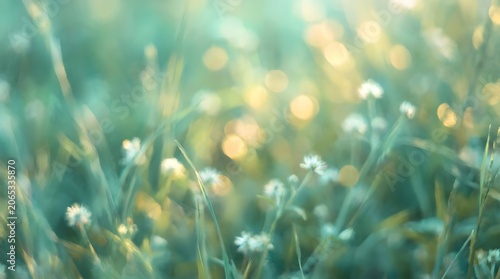 Green meadow with wildflowers, soft-focus scenic photography