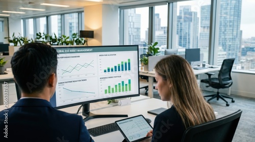 Colleagues reviewing global ESG asset management dashboard, sustainability metrics and carbon footprint reduction graphs