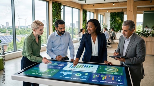 Diverse business team analyzing sustainability metrics and green energy data on a large interactive touchscreen table in a modern eco-friendly office with wind turbines visible