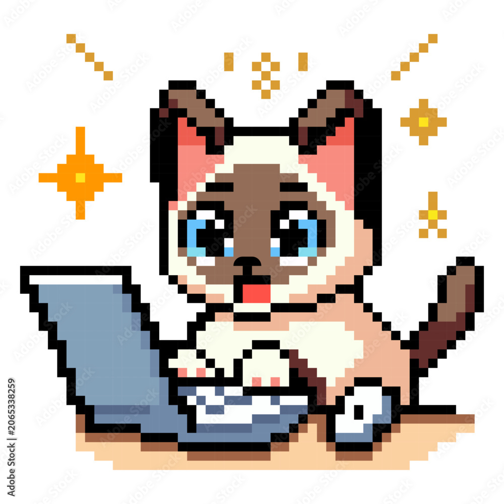 Obraz premium A cat is sitting at a laptop, focusing on the keyboard. The cat appears to be busy typing. This scene is colorful and designed in pixel art style, showing a playful moment
