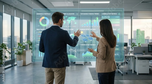 Executives interacting with futuristic holographic dashboard displaying renewable portfolio and carbon offset metrics.